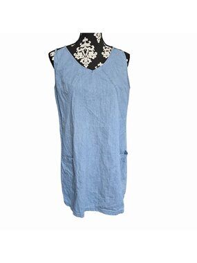 Venus Large Sleeveless Denim Mini Dress Blue Casual Pockets Strappy Back
